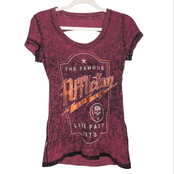 Vintage Y2K Affliction Reversible Open Back Chrome Winged Heart Graphic Tee SM - Picture 2 of 5